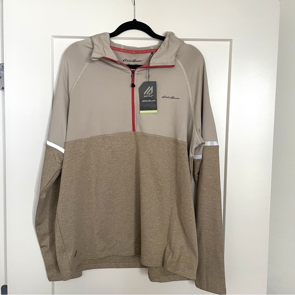 NWT Eddie Bauer Motion Collection - Men’s Quarter Zip Hoodie, Brown/Tan (Size L)
